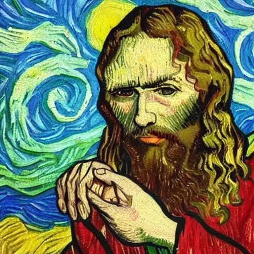 Image similar to jesus spreads his hands against the background of growing cannabis. an oil painting in the style of van gogh