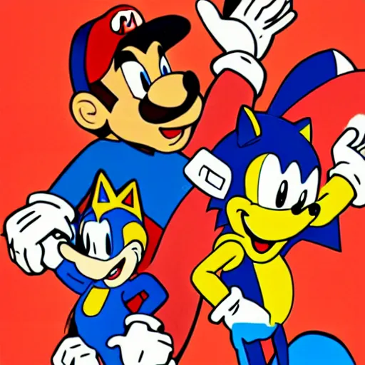 Image similar to 1940s disney film about super mario and sonic the hedgehog