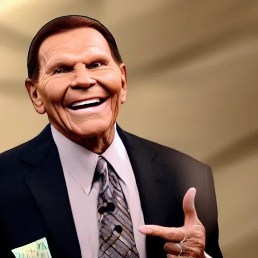 Image similar to a still of kenneth copeland, smiling, surrounded by flying money