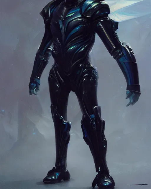 Image similar to character concept of iridescent sinewy smooth muscular male sleek glossy indigo black pearlescent scifi armor with smooth black onyx featureless helmet, by greg rutkowski, mark brookes, jim burns, tom bagshaw, magali villeneuve, trending on artstation