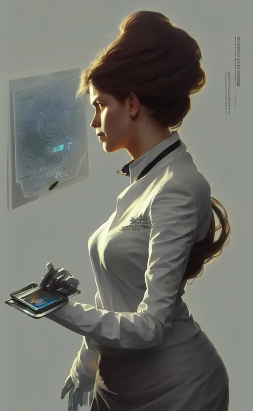 Image similar to Female in office dress, sci-fi, highly detailed, digital painting, artstation, concept art, smooth, sharp focus, illustration, art by artgerm and greg rutkowski and alphonse mucha