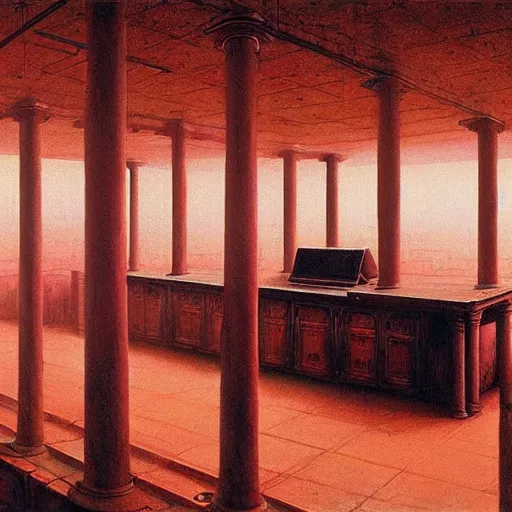 Image similar to painting of a scifi ancient civilzation victorian computer room with pillars, beksinski