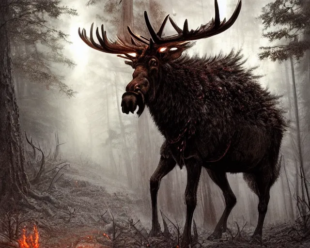 Image similar to 5 5 mm close up portrait photo of an armored demonic burning moose with red eyes and antlers and looking at the camera, in a magical forest. dark atmosphere. art by greg rutkowski and luis royo. highly detailed 8 k. intricate. lifelike. soft light. nikon d 8 5 0.