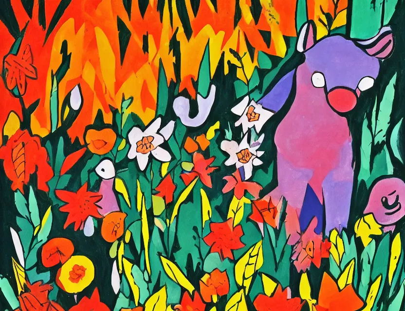 Prompt: animal god of ( ( ( flowers ) ) ) in the winter!!! woods. gouache, limited palette with complementary colors, children's cartoon from the 2 0 0 0 s, backlighting, bold composition, depth of field.