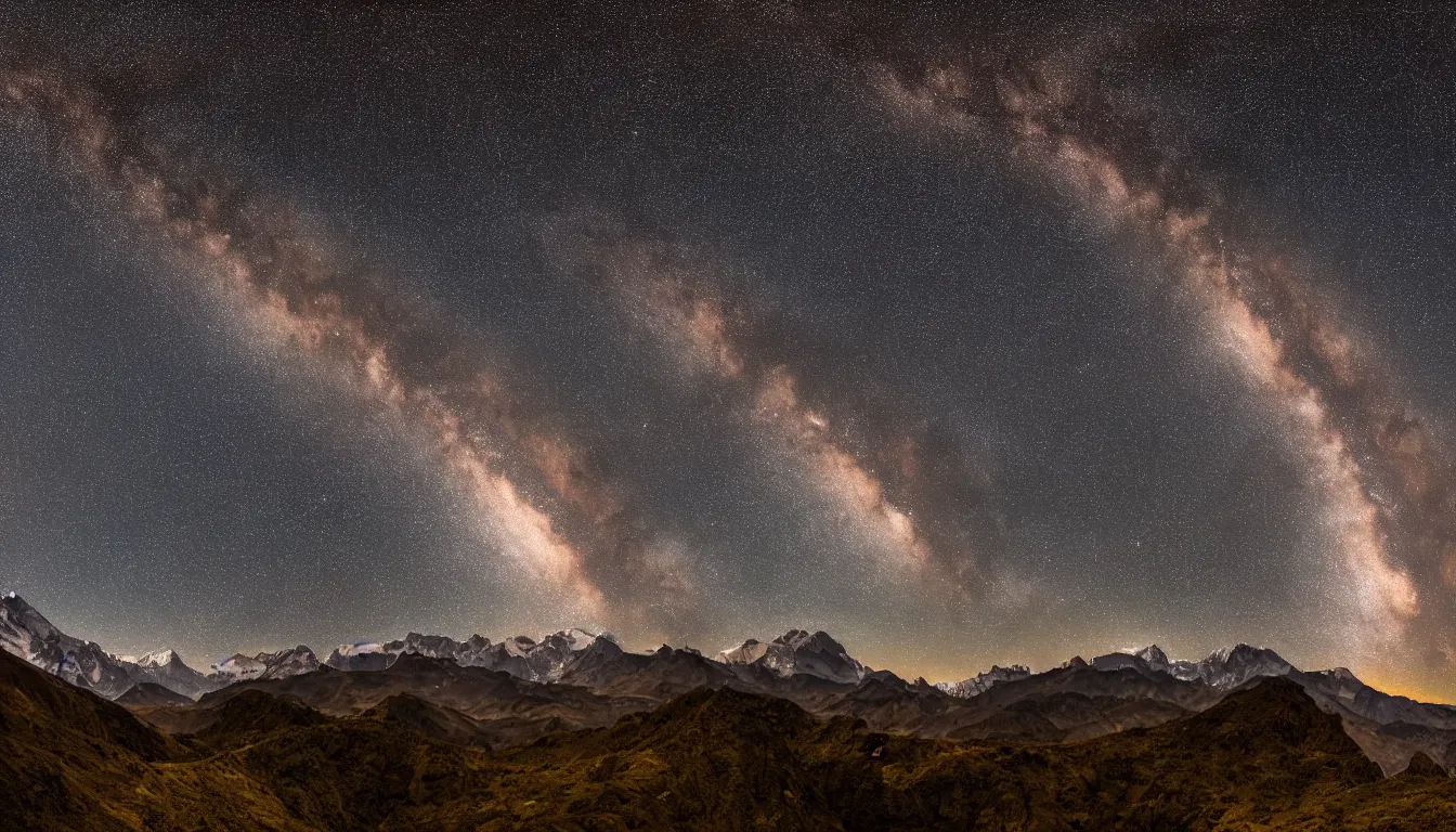 Image similar to night view of milky way behind mountains, 8k photography