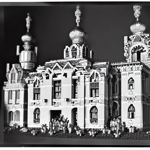 Image similar to russian tsar ivan the terrible in his palace in moscow builds a lego castle, kodak, old photo, black and white, film, wide lens, 1 6 mm,