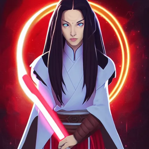 Image similar to Portrait of Azula wearing Jedi robes, Legend of Korra, Avatar the Last Airbender, Star Wars, intricate, elegant, highly detailed, digital painting, artstation, concept art, smooth, sharp focus, illustration, art by artgerm and greg rutkowski and alphonse mucha and andrei riabovitchev