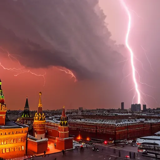 Image similar to a fiery thunderstorm with a tornado over red Square in Moscow