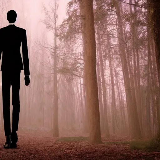 Image similar to slenderman walking with a women throw forest ultrarealistic 8k