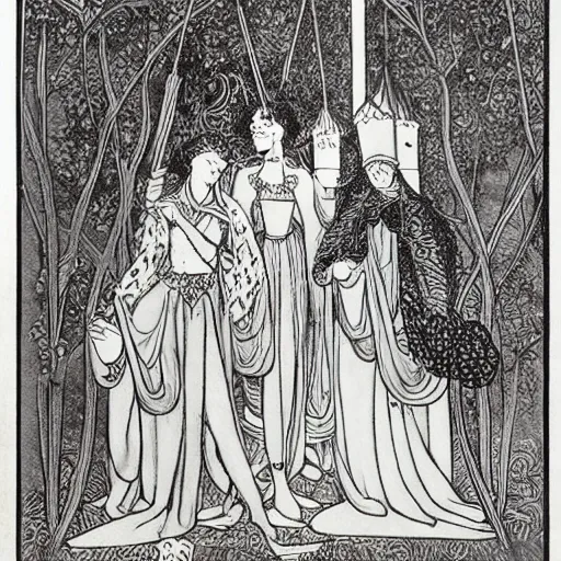 Image similar to how four queens found launcelot sleeping, aubrey beardsley