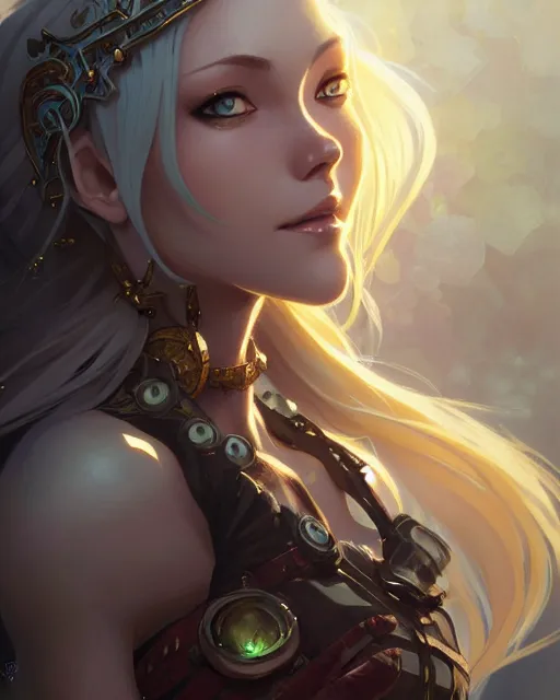 Image similar to Kat (Gravity Rush), closeup, D&D, fantasy, intricate, elegant, highly detailed, digital painting, artstation, concept art, matte, sharp focus, illustration, hearthstone, art by Artgerm and Greg Rutkowski and Alphonse Mucha