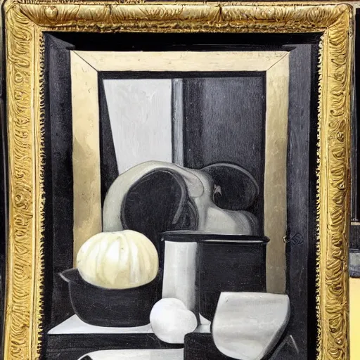 Image similar to a monochromatic nature morte painting in a flashy frame