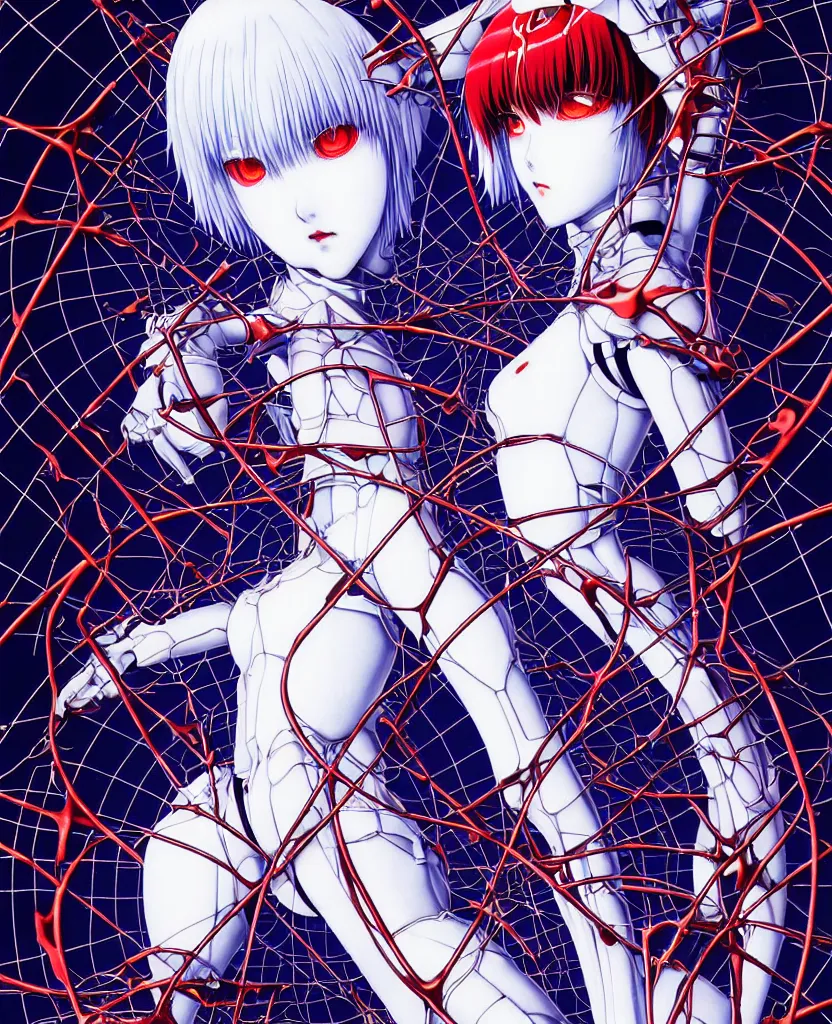 Image similar to symmetrical, rei ayanami, depth perception, depth of field, high resolution, action horror, gothic, rich deep colors. by yoshitaka amano, by yukito kishiro, by yoshiyuki sadamoto, masterpiece, composition of perspective fractal grids, science of energy, signal processing, music and entertainment