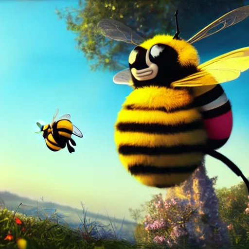 Image similar to large cute bee flying to crimson - black cute bee university, photorealistic, octane render, rtx, hdr, unreal engine, digital art widescreen 8 k, studio ghibli, disney, wlop