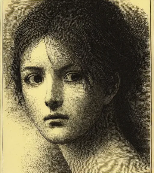 Image similar to black and white, portrait of a woman face in forest, extreme close-up, Gustave Dore lithography