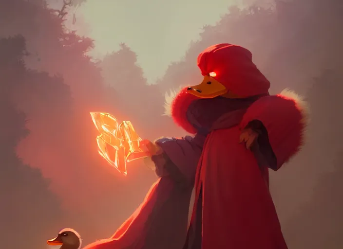 Image similar to cute fluffy mallard duck wearing red cultist robe, details, fantasy, epic, sacrificial altar, landscape illustration concept art anime key visual trending pixiv fanbox by wlop and greg rutkowski and makoto shinkai and studio ghibli and kyoto animation symmetrical facial features