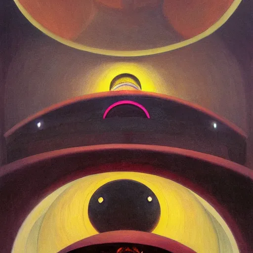 Image similar to three biomorphic robotic seers watchers oracles soothsayers with glowing eyes, inside a dome, pj crook, grant wood, edward hopper, syd mead, chiaroscuro, oil on canvas