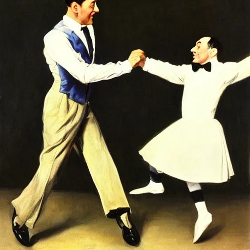Image similar to Gene Kelly dancing with Pee Wee Herman, by Sir James Guthrie, hyperrealism