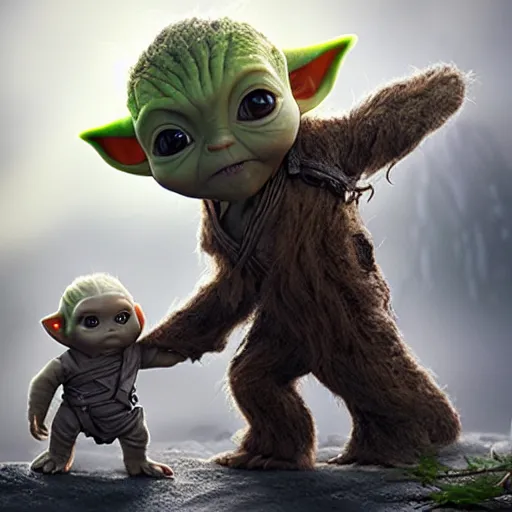Image similar to babyyoda ( 2 0 2 1 ) is walking to a spaceship. he is walking next to babygroot ( 2 0 1 7 ). they are friends. photorealistic, digital art, epic fantasy, dramatic lighting, cinematic, extremely high detail, cinematic lighting, trending, artstation, cgsociety, 3 d ue 5, 4 k, hq