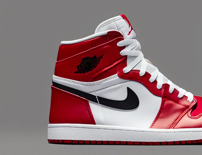 Image similar to a press photograph of nike jordan 1 red white and black, size 1 0, white background