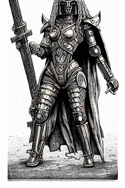 Image similar to warforged beyonce, as a d & d monster, full body, pen - and - ink illustration, etching, by russ nicholson, david a trampier, larry elmore, 1 9 8 1, hq scan, intricate details, inside stylized border