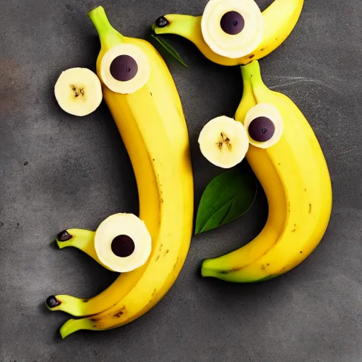 Image similar to professional photograph of banana ducks, peeled bananas with googly eyes and duck beaks