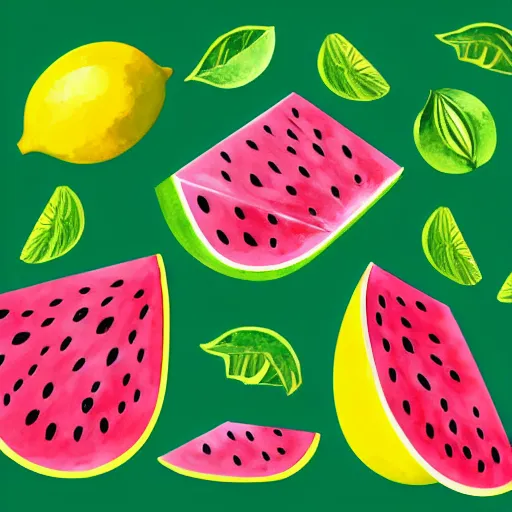 Prompt: retro, hd illustration of watermelons, big yellow lemons, mint leaves, ice cubes, inspired by watercolor masterpieces, matisse, malevich, david hockney, colorful, happy, trending on artstation, 4 k