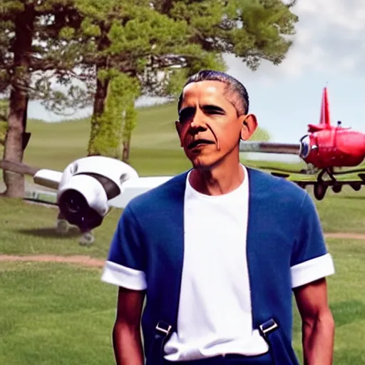 Prompt: riverdale still of obama wearing suspenders, an off white sweater with a varsity letter r, and a propeller cap