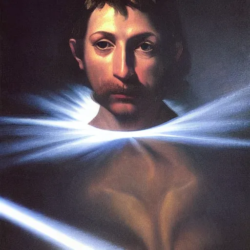 Image similar to painting portrait of bright light beams emanating from the eyes of a person, matte painting, masterpiece, by Caravaggio