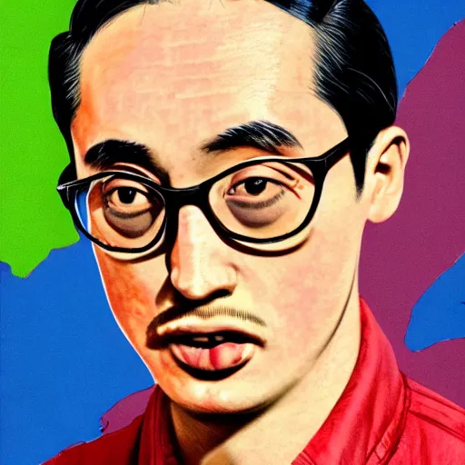 Image similar to A 1950s Colorized Style Poster of Filthy Frank, grainy, realistic, hyperrealistic, very realistic, very very realistic, highly detailed, very detailed, extremely detailed, detailed, digital art, trending on artstation, detailed face, very detailed face, very detailed face, realism, HD Quality, 8k resolution, intricate details, body and head in frame, drawing, inked drawing, poster drawing, neat drawing, 1950s, 50s, in the style of Frank Hampson, in the style of Frank Bellamy, in the style of Dave Gibbons, in the style of Don Lawrence, in the style of Wally Wood, Colorized, 1950s Poster