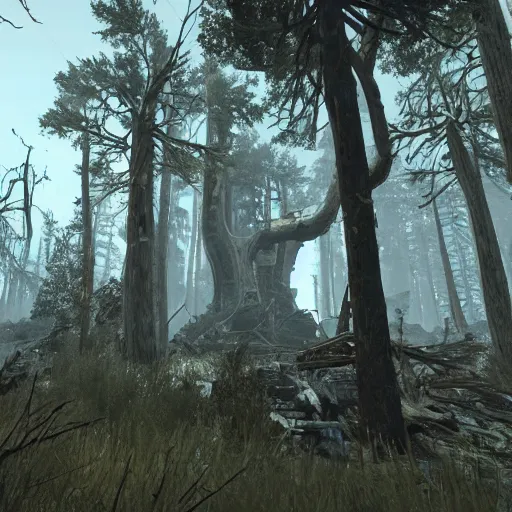 Image similar to mammoth tree forest in ruins post - nuclear war in fallout 4, in game screenshot