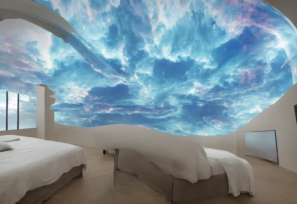 Prompt: curved translucent bedsheets projecting 3 d detailed florida storm holographic volumetric weathermap, pixel perfect photograph, high contrast, volumetric lighting, thin glowing lights, bedroom, visor, users, pair of keycards on table