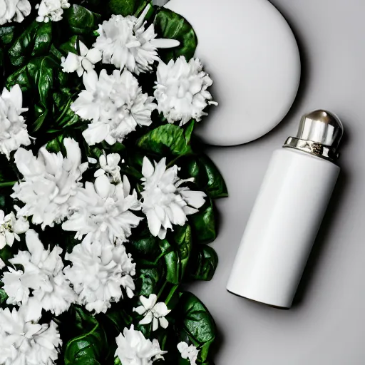 Image similar to centered white perfume bottle lying in a dark bed of leafy - greens and white flowers, illumination lighting, sharp focus, vogue