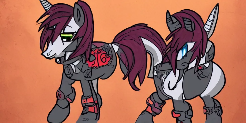 Image similar to Fallout Equestria Project Horizons | Blackjack Character Concept Art | White MLP Unicorn Mare with red and black shaggy hair, and bright, robotic eyes. | Cutie Mark is: Ace and Queen of Spades | Trending on ArtStation, Digital Art, MLP Fanart, Fallout Fanart