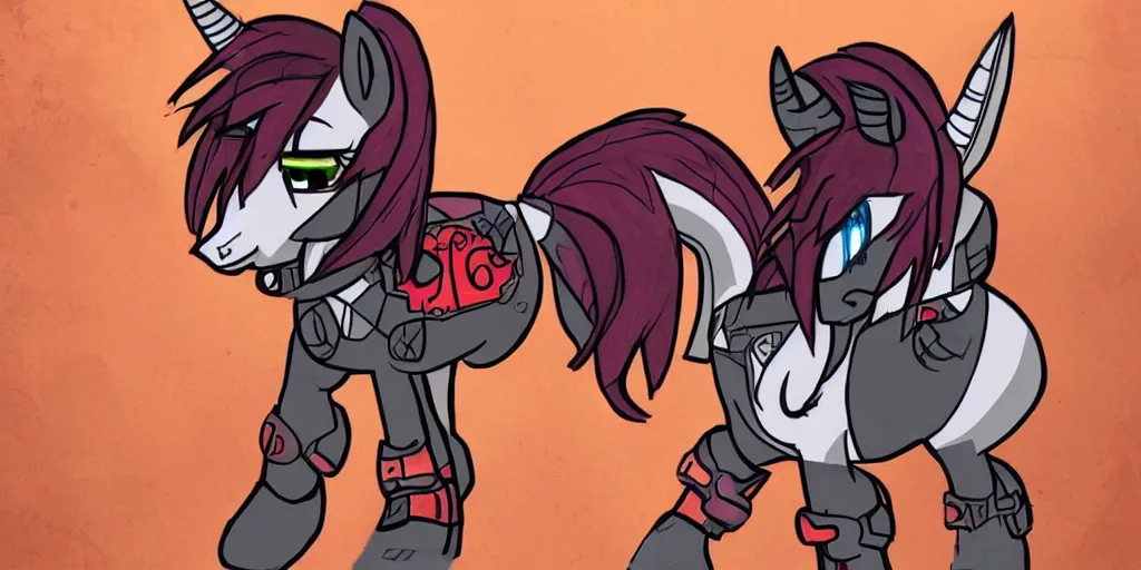 Prompt: Fallout Equestria Project Horizons | Blackjack Character Concept Art | White MLP Unicorn Mare with red and black shaggy hair, and bright, robotic eyes. | Cutie Mark is: Ace and Queen of Spades | Trending on ArtStation, Digital Art, MLP Fanart, Fallout Fanart