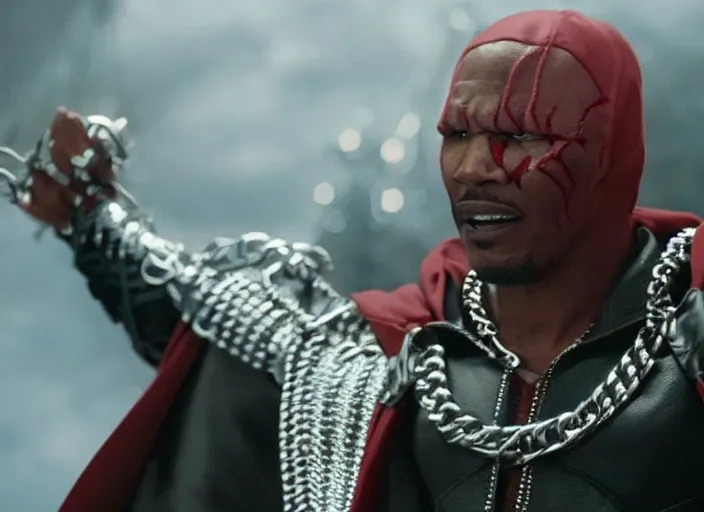 Image similar to film still of jamie foxx as spawn in the new spawn movie, giant chains, large cape, 8 k