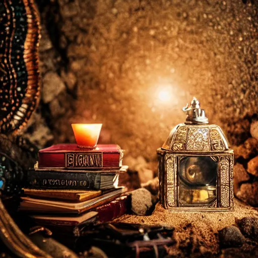 Image similar to epic vintage Photo of an ancient dark byzantine cave interior, ornate oil lamp on a pile of crystals, books covered in jewels, ornate, surrounded by strange crystals and treasure, full of sand and glitter, Indiana Jones, Tomb Raider, trending on artstation, cinematic, jewels, 35mm lens