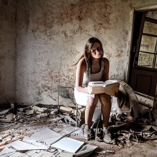 Prompt: a young woman finds a dusty diary on the floor of an abandoned farmhouse, post apocalyptic