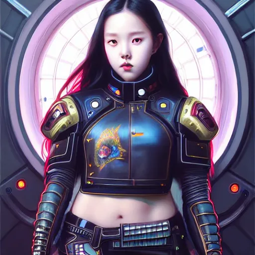 Image similar to portrait painting of olivia hye kpop as a cheerful smiling cyberpunk mercenary, ultra realistic, concept art, intricate details, eerie, highly detailed, photorealistic, octane render, 8 k, unreal engine. art by artgerm and greg rutkowski and magali villeneuve and alphonse mucha