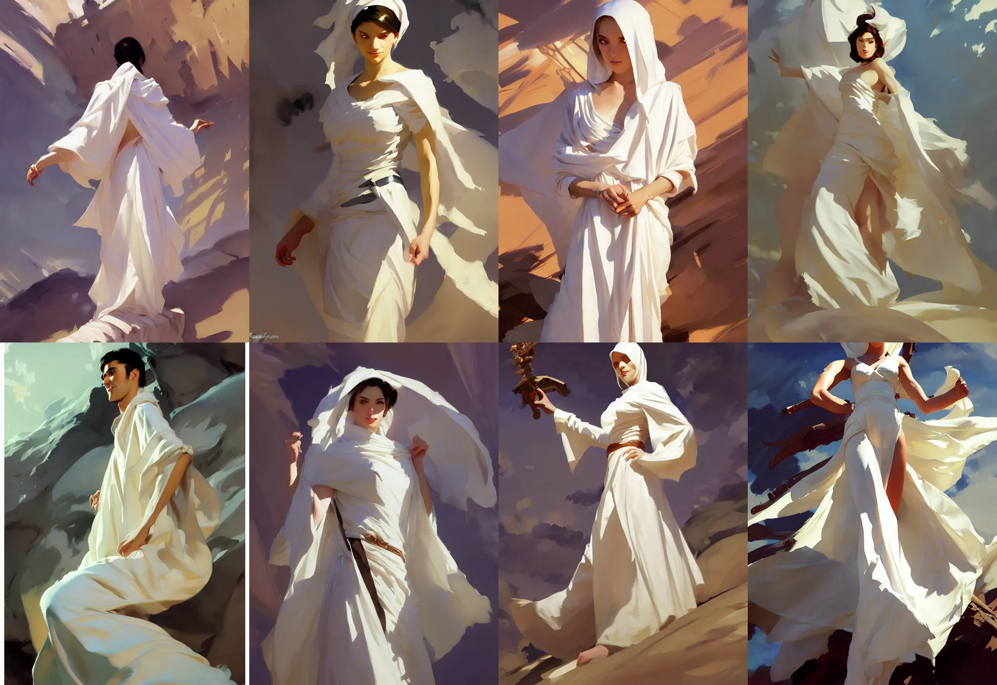 Prompt: white cloth fabric greg manchess painting by sargent and leyendecker, studio ghibli, fantasy, medium shot, asymmetrical, intricate, elegant, matte painting, illustration, hearthstone, by greg rutkowski, by greg tocchini, by james gilleard, by joe fenton