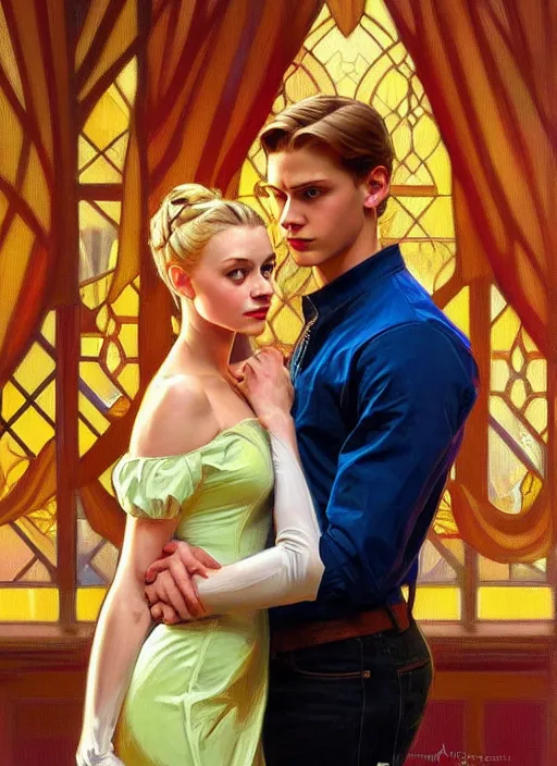 Image similar to oil painting of betty cooper and jason blossom, intricate, elegant, highly detailed, lighting, painting, artstation, smooth, illustration, art by greg rutowski and alphonse mucha