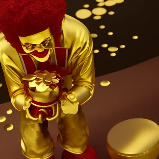 Image similar to A still of Ronald McDonald surrounded by gold and diamonds, Award-winning, photograph, 3d render, unreal engine, 4k detailed