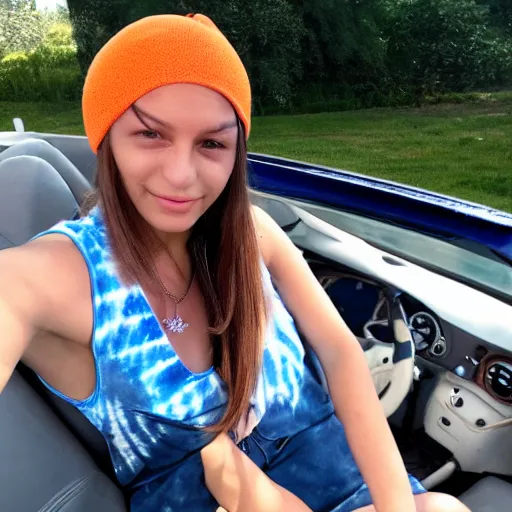 Prompt: transgirl lounging in the leather seats of a convertible car wearing an orange beanie and a grey tie-dye sleeveless shirt, selfie, faint smile