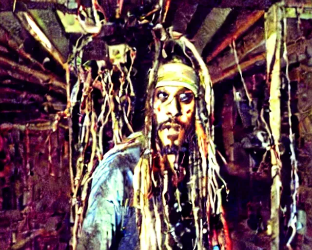 Prompt: rotten zombie jack sparrow [ covered in wires ] emerges from a cybercore portal in my disgusting room in the basement, 1 6 mm