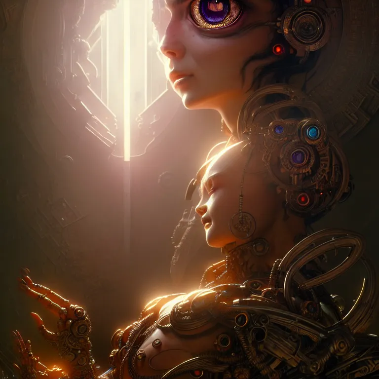 Prompt: ultra realistic beautiful cyborg deity eyes closed, fantasy, intricate details, movie still, highly detailed, photorealistic, octane render, eerie, 8k, art by artgerm and james clyne and greg rutkowski and alphonse mucha