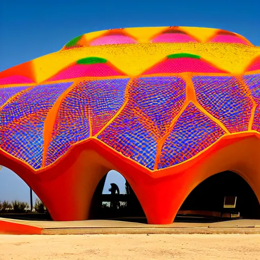 Image similar to architectural photograph by iwan baan of a cheerful recreational building in the shape of a monitor lizard in the middle of the desert, colorful desert architecture designed by norman foster