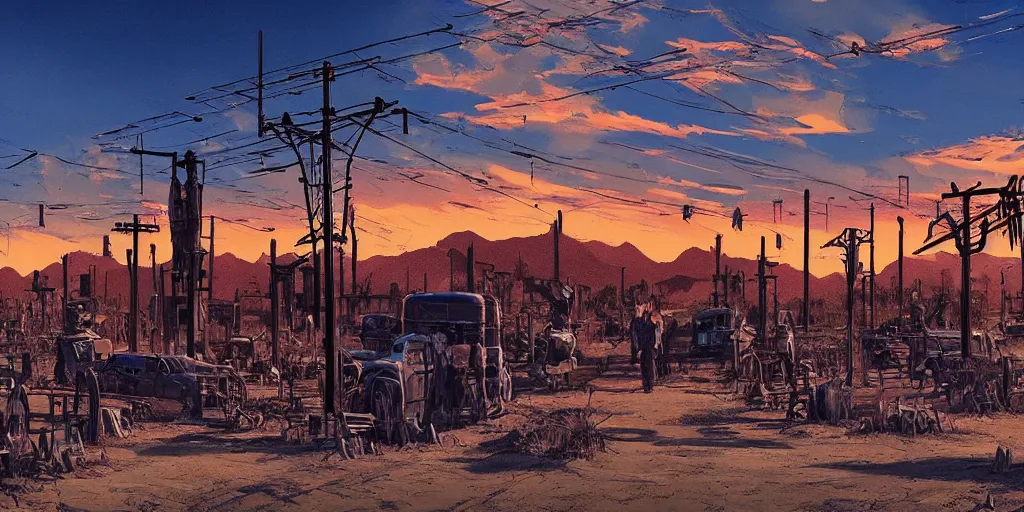 Prompt: train station roadside old west saloon cyber punk post apocalyptic telephone poles cactus graveyard sunset sky clouds illustration by syd mead artstation 4 k 8 k graphic novel concept art matte painting