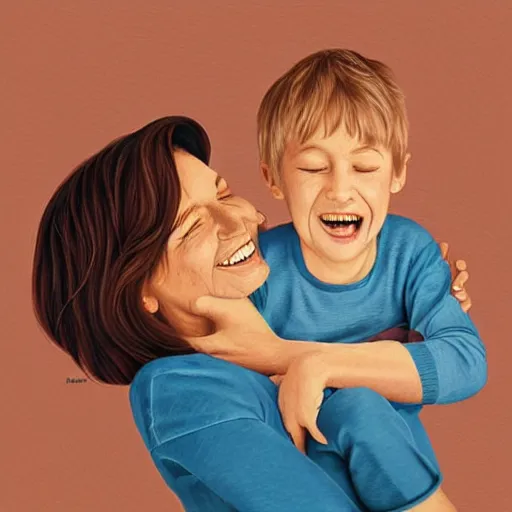 Image similar to illustration beautiful cinematic hyperrealism style where a mother appears with her happy son