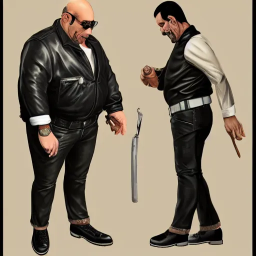 Image similar to a midage italian male, beardless, bald, short black hair with gel, overweight, fine white shirt, leather belt, black pants, leather shoes, smoking a cigar, full body, gta v style, concept art, highly detailed, hyper realistic, unreal engine