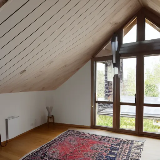 Prompt: 1.7 metre high attic, with matte white angled ceiling, with 2 windows opposing each other, with a large square window in the back right corner of the room, with exquisite turkish and persian rugs on the polished plywood floor, XF IQ4, 150MP, 50mm, F1.4, ISO 200, 1/160s, natural light